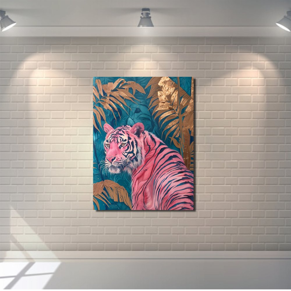 Painting Of A Tiger In A Jungle With Gold Leaves